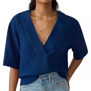Faherty Deep Blue Textured V-Neck Blouse
